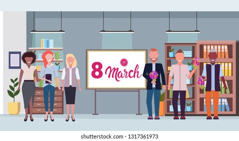 businessmen congratulating businesswomen happy 8 march womens day concept mix race men giving flowers women office conference room interior full length horizontal