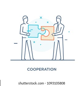 Businessmen connect puzzle. Joint efforts, success, union. Success Cooperation. line icon illustration