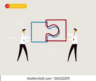 Businessmen connect puzzle. Joint efforts, success, union. Vector illustration Eps 10 file. Success Cooperation