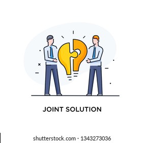 Businessmen connect puzzle lamp. Joint efforts, success, union, idea. Vector illustration Eps 10 file. Success Cooperation. line icon illustration