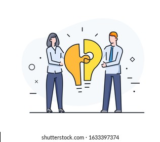 Businessmen connect puzzle lamp. Joint efforts, success, union, idea. Vector illustration Eps 10 file. Success Cooperation. line icon illustration