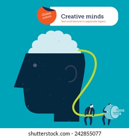 Businessmen connecting a brain to the electricity. Vector illustration Eps10 file. Global colors. Text and Texture in separate layers.