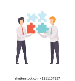 Businessmen connecting puzzle elements, teamwork and partnership concept vector Illustration on a white background