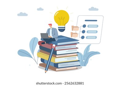 Businessmen are constantly studying or learning new skills, leading to business success, Concept of development towards success, Reading books or seeking knowledge creates idea and inspiration.
