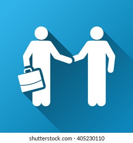 Businessmen Contract vector toolbar icon for software design. Style is a white symbol on a square blue background with gradient long shadow.