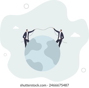 businessmen countries pulling tug of war on world planet earth.flat vector illustration.