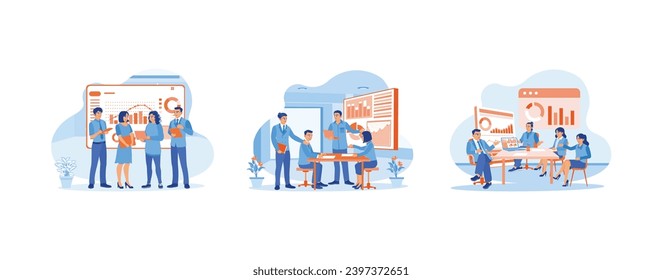 Businessmen and coworkers having meetings in the office. Discuss charts, diagrams and statistical data on office finances. Communicate with each other, discuss and exchange ideas during meetings. 