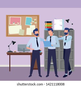 Businessmen coworkers with office clipboard documents inside office with computer and cabinet background, vector illustration.