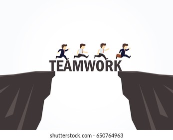 Businessmen crossing over a teamwork bridge. Vector illustration.