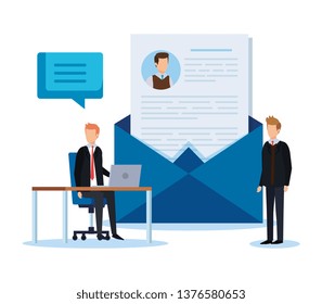 businessmen with curriculum vitae and chat bubble