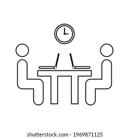 Businessmen. Dialogue between two businessmen sitting at the same table under the clock. The art of negotiating. The concept of agreement and communication of business partners. Vector graphics.