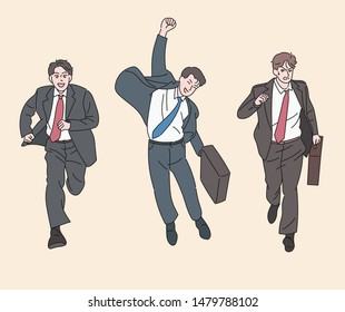 Businessmen with different faces are running. hand drawn style vector design illustrations. 