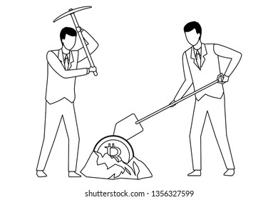 businessmen digging looking for cryptocurrency black and white