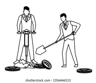 businessmen digging looking for cryptocurrency black and white