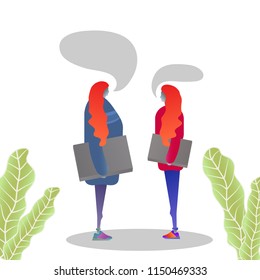 Businessmen discuss social network. Dialogue speech bubbles. Vector illustration.