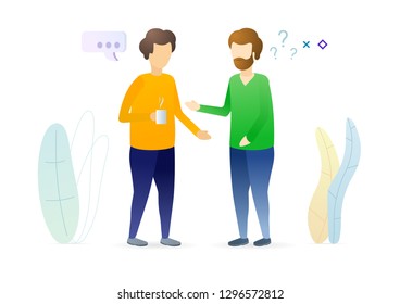 Businessmen discuss social network and news. Two man chatting. Dialogue speech bubbles. Discussion of working questions. Modern style vector illustration for landing page, website, banners.