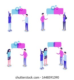 Businessmen discuss social network, news, chat, dialogue speech bubbles.  Vector illustration.