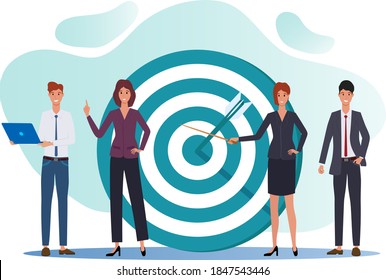 Businessmen discuss tasks and goals.People near the target with an arrow.A team that achieves a goal.The development objectives of the new project.Teamwork successful goals.Flat vector illustration .