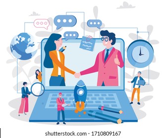 Businessmen discuss via computer, handshake, new startup, business online, Vector illustration for web banner, infographics, mobile. social networks,