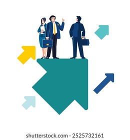 Businessmen discussing financial issues standing on a green arrow pointing up, working in the direction of growth. Business concept. Leader, arrows, investment, people, poster. Vector illustration