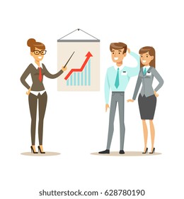 Businessmen discussing sales growth in the office. Colorful cartoon character vector Illustration