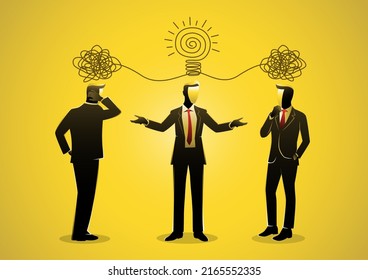 Empresarios discutiendo el trabajo usando la creatividad resolviendo una línea desordenada en una idea de bombilla