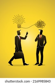 Businessmen discussing work using creativity solving messy line into light bulb idea