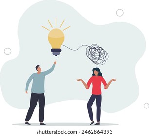 businessmen discussing work using creativity solving messy line into light bulb idea.