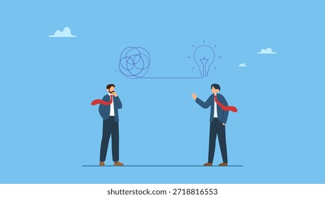 Geschäftsleute diskutieren Arbeit mit Kreativität Lösen chaotisch Linie in Glühbirne Idee. Proaktives und reaktives Denken, Chaos und Ordnungstheorie oder vereinfachen die Idee, Probleme zu lösen.