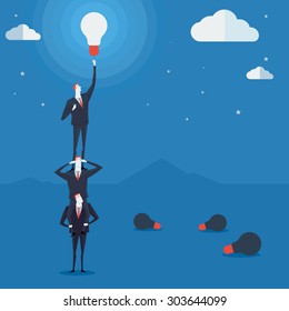 Businessmen do a pyramid of acrobats turn on a lamp. Vector Illustration Business concept a ladder Corporate of success.