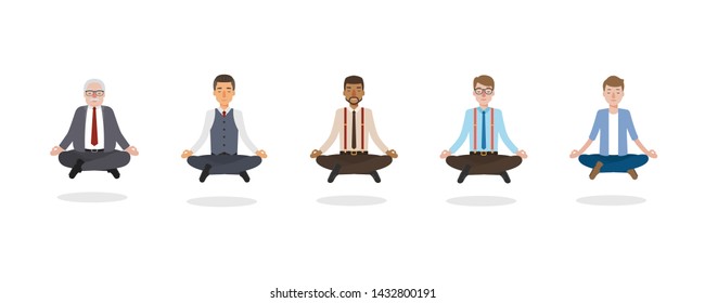 Businessmen doing meditation on white background.