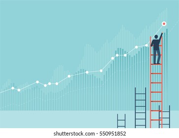 Businessmen drawing graphs on a wall, He climbed the ladder. Back view. wall background. Concept of analysis  information vector design cartoon.