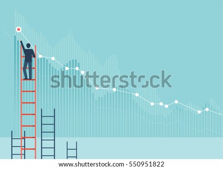 Businessmen drawing graphs on a wall, He climbed the ladder. Back view. wall background. Concept of analysis information vector design cartoon.