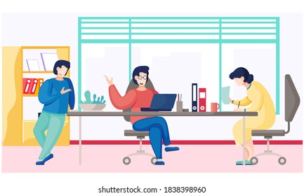 Businessmen dressed in casual clothes are sitting at the table with laptop and talking. Office workers discussing matters. Business meeting and consideration of working issues. Friendly team work