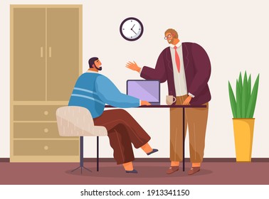 Businessmen dressed in casual clothes are sitting table with laptops and talking colleague. Office workers discussing project. Business meeting and consideration of working moments. Friendly team work