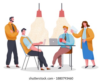 Businessmen dressed in formal clothes are sitting at the table with laptops and talking. Office workers discussing matters. Business meeting and consideration of working issues. Friendly team work