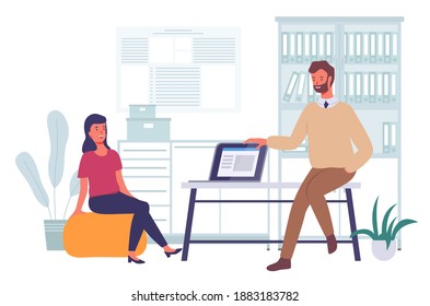 Businessmen dressed in formal clothes are sitting in office room with laptop and talking. Office workers discussing matters. Business meeting and consideration of working issues. Friendly conversation