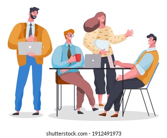 Businessmen dressed in formal clothes are sitting at the table with laptops and talking. Office workers discussing matters. Business meeting and consideration of working issues. Friendly team work