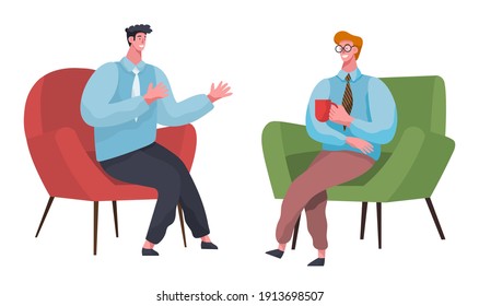 Businessmen dressed in formal clothes are sitting on the chairs together, talking, drinking coffee. Office workers discussing matters. Friendly colleagues or friends communicating during the break