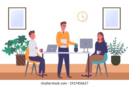 Businessmen dressed in formal clothes are sitting at the table with laptop and talking. Office workers discussing matters. Business meeting and consideration of working issues. Friendly team work