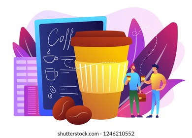 Businessmen drinking take away coffee at huge paper coffee cup and beans. Take away coffee, on the go drink, take away business concept. Bright vibrant violet vector isolated illustration