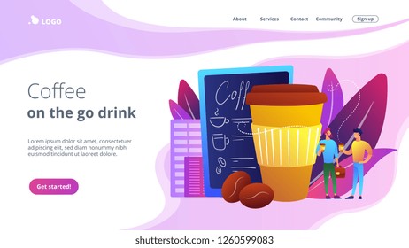 Businessmen drinking take away coffee at huge paper coffee cup and beans. Take away coffee, on the go drink, take away business concept. Website vibrant violet landing web page template.