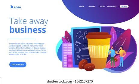 Businessmen drinking take away coffee at huge paper coffee cup and beans. Take away coffee, on the go drink, take away business concept. Website vibrant violet landing web page template.