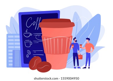 Businessmen drinking take away coffee at huge paper coffee cup and beans. Take away coffee, on the go drink, take away business concept. Pinkish coral bluevector isolated illustration