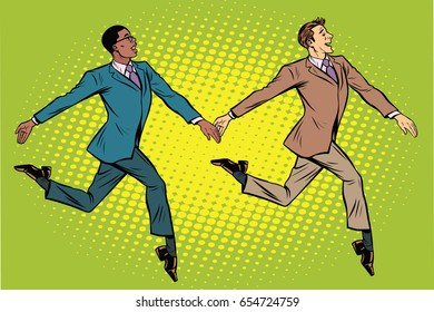 Businessmen elegantly moving, multi-ethnic group. Pop art retro vector illustration