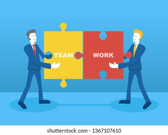 Businessmen with elements of puzzle. Teamwork and problem solution concept,vector illustration.
EPS 10.