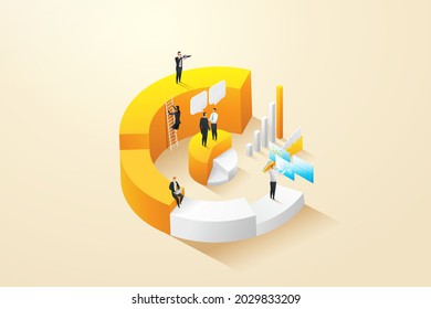 Businessmen and employees together to study, analyze, statistics, infographics on graphs. Economic growth of companies and organizations. Isometric vector illustration.