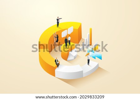 Businessmen and employees together to study, analyze, statistics, infographics on graphs. Economic growth of companies and organizations. Isometric vector illustration.