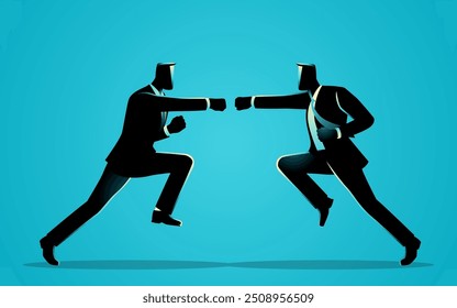 Businessmen engaged in a battle, symbolizing intense competition, rivalry, or corporate conflict. Ideal for business challenges, or competitive environments in the corporate world contents