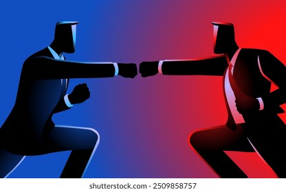 Businessmen engaged in a battle, symbolizing intense competition, rivalry, or corporate conflict. Ideal for business challenges, or competitive environments in the corporate world contents